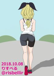 Rule 34 | 10s, 1girl, artist request, ass, assam (girls und panzer), bike shorts, blonde hair, blush, dated, day, flat color, full body, girls und panzer, hair ornament, hair ribbon, highres, jogging, kneepits, outdoors, ponytail, ribbon, sky, solo