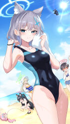 Rule 34 | 2windrill, 6+girls, animal ears, armpits, ayane (blue archive), ayane (swimsuit) (blue archive), bare shoulders, bikini, bird, black hair, blonde hair, blue archive, blue eyes, blue sky, breasts, brown hair, buried, cat ears, chibi, closed mouth, collarbone, competition swimsuit, covered navel, day, grey hair, hair ornament, hairclip, halo, hat, highres, hoshino (blue archive), hoshino (swimsuit) (blue archive), looking at viewer, medium breasts, miyu (blue archive), multiple girls, nonomi (blue archive), nonomi (swimsuit) (blue archive), ocean, one-piece swimsuit, open mouth, outdoors, pink hair, sand, seagull, serika (blue archive), serika (swimsuit) (blue archive), shiroko (blue archive), shiroko (swimsuit) (blue archive), short hair, shorts, sky, smile, squatting, standing, striped bikini, striped clothes, sunglasses, swimsuit, thighs, trash can, twintails, two side up