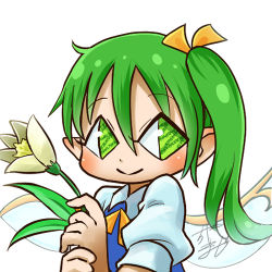 Rule 34 | 1girl, profile picture, blush, chamaji, close-up, collared shirt, commentary, daiyousei, fairy, fairy wings, flower, green eyes, green hair, hair between eyes, hair ribbon, holding, holding flower, looking at viewer, lowres, neck ribbon, pointy ears, puffy short sleeves, puffy sleeves, ribbon, shirt, short sleeves, side ponytail, signature, simple background, smile, solo, touhou, upper body, vest, white background, wing collar, wings