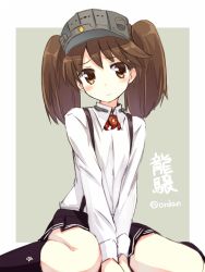 Rule 34 | 10s, 1girl, amagai tarou, black socks, blush, brown eyes, brown hair, character name, hat, kantai collection, personification, ryuujou (kancolle), simple background, sitting, skirt, socks, solo, thighhighs, twintails, visor cap, wariza