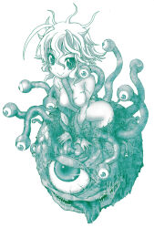 1girl :&gt; ahoge ass bloodshot_eyes breasts closed_mouth commentary_request completely_nude consensual_tentacles extra_eyes extra_mouth flesh fujimaru_arikui limited_palette looking_at_viewer looking_up medium_breasts medium_hair monster monster_girl no_nipples nude original saliva sharp_teeth simple_background slit_pupils solo teeth tentacles tongue tongue_out white_background