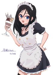 Rule 34 | 1girl, apron, black dress, black hair, black thighhighs, blue eyes, blush, breasts, choker, cleavage, cup, dress, food, glasses, hand on own hip, hand up, hibike! euphonium, highres, holding, holding cup, ice cream, long hair, looking at viewer, maid, maid apron, maid headdress, neck ribbon, open mouth, red-framed eyewear, red ribbon, ribbon, sakurayama (59 sakurayama), short sleeves, simple background, solo, standing, sundae, tanaka asuka, thighhighs, white apron, white background, zettai ryouiki
