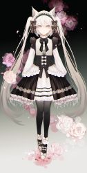 Rule 34 | 1girl, absurdres, animal ears, ankle bow, ankle ribbon, bad id, bad pixiv id, black background, black bow, black neckwear, black pantyhose, bow, cat ears, dress, flower, gothic lolita, gradient background, hair between eyes, hair bow, hairband, high heels, highres, layered dress, leg ribbon, lolita fashion, lolita hairband, long hair, long sleeves, looking at viewer, multiple hair bows, original, pantyhose, pink flower, pink rose, pumps, qgailz, red eyes, ribbon, rose, silver hair, solo, twintails, very long hair, white background, white bow, white flower, white footwear, white rose