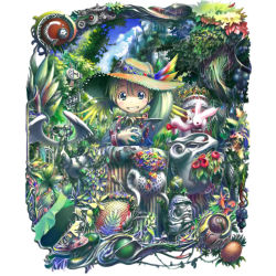 Rule 34 | animal, day, feathers, garden, green hair, grin, hat, original, outdoors, scenery, short hair, smile, solo, standing, tsukushi akihito