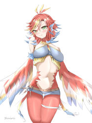 Rule 34 | 1girl, ahoge, blonde hair, blue hair, blue shorts, blush, breasts, closed mouth, cowboy shot, fang, fang out, feathered wings, green eyes, hair between eyes, harpy, highres, illy (monster musume no oisha-san), medium breasts, medium hair, midriff, mizuri (suisuiri1115), monster girl, monster musume no oisha-san, multicolored hair, multicolored wings, navel, red hair, short shorts, shorts, simple background, smile, solo, thigh gap, v-shaped eyebrows, white background, winged arms, wings