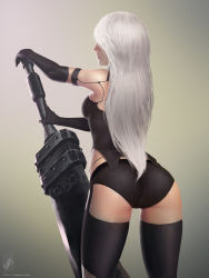 Rule 34 | 1girl, absurdres, android, ass, back, black gloves, black hair, black thighhighs, elbow gloves, from behind, gloves, hair over eyes, highres, huge weapon, long hair, nier (series), nier:automata, silver hair, solo, sword, themaestronoob, thighhighs, weapon, a2 (nier:automata)