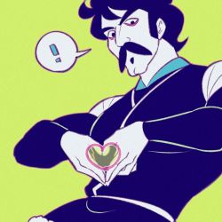 Rule 34 | !, 1boy, armor, bags under eyes, bebinn, commentary request, double chin, facial hair, green background, heart, heart hands, looking at viewer, looking down, male focus, mustache, nikomi (nikomix), ousama ranking, own hands together, shirt, short hair, shoulder armor, simple background, solo, spoken exclamation mark