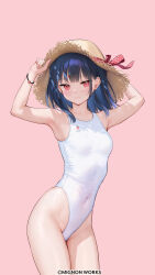 Rule 34 | 1girl, absurdres, adjusting clothes, adjusting headwear, armpits, artist name, bare shoulders, black hair, blush, bracelet, breasts, closed mouth, collarbone, covered navel, fingernails, gradient background, hair ornament, hairclip, hat, highleg, highleg swimsuit, highres, ichigo-chan (mignon), jewelry, lips, looking at viewer, medium hair, mignon, one-piece swimsuit, original, pink background, polka dot, red eyes, shiny skin, simple background, small breasts, smile, sun hat, swimsuit, thighs, white swimsuit