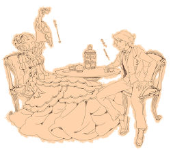 Rule 34 | 00s, 1boy, 1girl, bad id, bad pixiv id, bangoul, beatrice (umineko), cake, chair, cookie, cup, dress, closed eyes, fang, flower, food, frills, hair ornament, necktie, partially translated, pastry, rose, sitting, sweatdrop, table, tea, teacup, teapot, tiered serving stand, tiered tray, too many, translation request, umineko no naku koro ni, ushiromiya battler