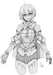 Rule 34 | 1girl, 2018, armor, armored gloves, arms at sides, boots, breastplate, cropped legs, dated, gauntlets, gorget, greyscale, highres, monochrome, original, pauldrons, short hair, shoulder armor, sigama, skirt, smile, solo, thigh boots, thighhighs