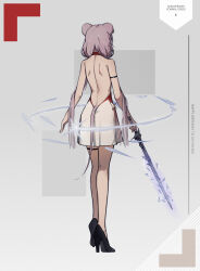 Rule 34 | 1girl, absurdres, animal ears, arknights, backless dress, backless outfit, bare shoulders, black footwear, character name, choker, dress, facing away, from behind, full body, grey background, happy birthday, high heels, highres, holding, holding sword, holding weapon, lin (arknights), long hair, pink hair, red choker, shoes, shokuyou koori, simple background, solo, standing, sword, tail, very long hair, weapon, white dress