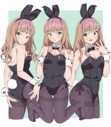 Rule 34 | 1girl, adjusting bowtie, adjusting clothes, animal ears, black bow, black leotard, blush, bow, bowtie, breasts, brown hair, cleavage, detached collar, fake animal ears, fake tail, green eyes, gridman universe, hands on own ass, highres, kneeling, leotard, medium breasts, minami yume, pantyhose, playboy bunny, rabbit ears, rabbit tail, sho (shoshos 8888), simple background, small breasts, solo, ssss.dynazenon, strapless, strapless leotard, tail, wrist cuffs
