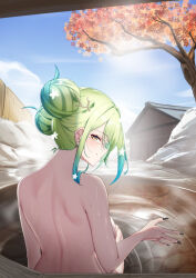 1girl absurdres alternate_hairstyle antlers backboob bath bathing black_nails blue_sky breasts ceres_fauna closed_mouth cloud day double_bun flower from_behind gradient_hair green_hair hair_between_eyes hair_bun hair_flower hair_intakes hair_ornament hashtag highres hololive hololive_english horns large_breasts looking_at_viewer looking_back median_furrow midorimae mole mole_under_eye multicolored_hair nail_polish nude onsen shoulder_blades sidelocks sky smile solo steam tree virtual_youtuber water wet white_flower yellow_eyes