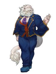 Rule 34 | 1boy, blue footwear, blue pants, formal, furry, furry male, gloves, highres, lion, long sleeves, looking at viewer, male focus, monocle, pants, purple neckwear, shiratori yokikana, shoes, simple background, smile, snow (housamo), solo, suit, tail, tokyo houkago summoners, white background, white gloves, white hair
