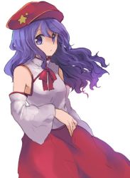 Rule 34 | 1girl, :/, bare shoulders, bow, bowtie, breasts, cabbie hat, commentary request, detached sleeves, flat cap, floating hair, hat, hat ornament, label girl (dipp), long hair, long skirt, long sleeves, mandarin collar, purple eyes, purple hair, red bow, red bowtie, red hat, red skirt, shukinuko, skirt, small breasts, star (symbol), star hat ornament, touhou, vest, white sleeves, white vest, wide sleeves