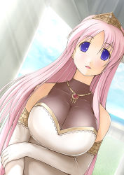 Rule 34 | 1girl, bare shoulders, breasts, cleavage, dutch angle, elbow gloves, endou hiroto, gloves, highres, huge breasts, jewelry, long hair, necklace, open mouth, original, pink hair, seitaiten rivette, smile, solo, tiara