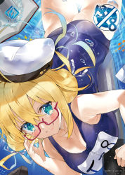 Rule 34 | 1girl, ass, blonde hair, blue eyes, blush, book, breasts, c:, closed mouth, commentary request, fish, glasses, hair ribbon, hat, i-8 (kancolle), kantai collection, kou mashiro, large breasts, long hair, looking at viewer, low twintails, name tag, one-piece swimsuit, peaked cap, red-framed eyewear, ribbon, sailor hat, school swimsuit, semi-rimless eyewear, smile, solo, swimsuit, torpedo, twintails, under-rim eyewear, underwater