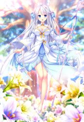 Rule 34 | 1girl, :d, ahoge, blue bow, blue eyes, blue skirt, blush, bow, breasts, cleavage, collarbone, floating hair, flower, full body, game cg, hair between eyes, hair bow, hair flower, hair ornament, high heels, highres, holding, holding staff, large breasts, lilium (lilium wedding plan), lilium wedding plan, long hair, long sleeves, looking at viewer, official art, open mouth, pumps, sesena yau, shirt, silver hair, skirt, skirt hold, smile, solo, staff, very long hair, white flower, white footwear, white shirt, wide sleeves