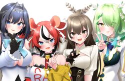 Rule 34 | 4girls, :d, absurdres, ahoge, animal ears, antlers, bare shoulders, black choker, black collar, black gloves, blue bow, blue bowtie, blue dress, blue eyes, blue hair, blush, bow, bowtie, branch, breasts, brown corset, brown eyes, brown hair, ceres fauna, ceres fauna (1st costume), choker, cleavage cutout, clothing cutout, collar, corset, crop top, crossed bangs, detached sleeves, dice hair ornament, dress, flower, gloves, green hair, hair flower, hair intakes, hair ornament, hairclip, hakos baelz, hakos baelz (1st costume), highres, hirahiragi (h1rqg1), hololive, hololive english, horns, large breasts, long hair, long sleeves, looking at viewer, medium breasts, mouse ears, multicolored hair, multiple girls, nanashi mumei, nanashi mumei (1st costume), open mouth, ouro kronii, ouro kronii (1st costume), partially fingerless gloves, pinstripe pattern, red hair, sailor collar, shirt, short hair, sleeveless, sleeveless turtleneck, smile, spiked collar, spikes, streaked hair, striped, turtleneck, underboob, v, virtual youtuber, white hair, white shirt, yellow eyes