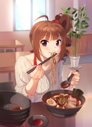 Rule 34 | 1girl, ahoge, bowl, bra strap, brown hair, chair, chopsticks, closed mouth, collarbone, day, drill hair, eating, food, holding, holding chopsticks, holding ladle, idolmaster, idolmaster million live!, indoors, kamille (vcx68), ladle, looking at viewer, noodles, purple eyes, ramen, scrunchie, short hair, side drill, sitting, solo, soup, sweater, table, window, yokoyama nao