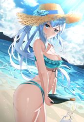 Rule 34 | 1girl, ass, bad id, bad pixiv id, beach, bikini, blue bikini, blue eyes, blue hair, blush, bottle, breasts, champagne bottle, cleavage, flower, hat, hat flower, highres, holding, holding bottle, looking at viewer, maanu, medium breasts, original, outdoors, smile, solo, spilling, strapless, strapless bikini, straw hat, swimsuit, thighs