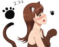 Rule 34 | 1girl, animal ear fluff, animal ears, blush, brown eyes, brown hair, cat ears, cat girl, cat tail, from side, highres, hyugakomati, kantai collection, ooi (kancolle), simple background, solo, tail, white background