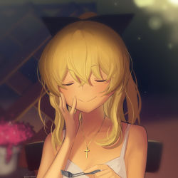 Rule 34 | 1girl, bare shoulders, black bow, blonde hair, boa (brianoa), bow, camisole, closed eyes, colored skin, cross, cross necklace, fork, hair between eyes, hair bow, hand up, highres, holding, holding fork, indoors, jewelry, katawa shoujo, necklace, orange skin, satou lilly, solo, upper body