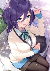 Rule 34 | 1girl, absurdres, blue eyes, blue hair, blush, bow, breasts, buttons, cherry blossoms, day, detached sleeves, flower, hair ornament, hairclip, hand up, highres, hisen kaede, holding, konno uzu (hisen kaede), long hair, long sleeves, looking at viewer, medium breasts, open mouth, original, outdoors, pantyhose, petals, scan, shadow, simple background, sitting, skirt, sleeves past wrists, smile, solo, striped, teeth, vertical stripes