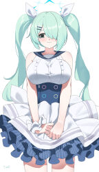 Rule 34 | 1girl, absurdres, bare shoulders, blue archive, blush, breasts, cosplay, dress, frilled dress, frills, green eyes, hair ornament, hair over one eye, hair ribbon, hairclip, halo, hatsune miku, highres, hiyori (blue archive), large breasts, light green hair, long hair, ribbon, signature, solo, tomid, twintails, white dress, white ribbon