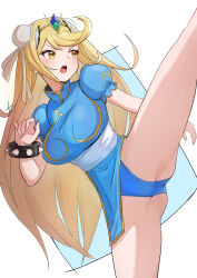 Rule 34 | 1girl, absurdres, ass, bare legs, blonde hair, blue dress, blue panties, blue unitard, bracelet, breasts, bun cover, capcom, china dress, chinese clothes, chun-li, chun-li (cosplay), cleavage cutout, clothing cutout, cosplay, dress, fighting stance, highres, jewelry, large breasts, long hair, mythra (xenoblade), no gloves, oruru63100814, panties, puffy short sleeves, puffy sleeves, sash, short sleeves, solo, spiked bracelet, spikes, street fighter, swept bangs, tiara, underwear, very long hair, white sash, xenoblade chronicles (series), xenoblade chronicles 2, yellow eyes