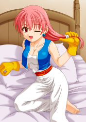 Rule 34 | 1girl, absurdres, bare shoulders, barefoot, breasts, cleavage, dragon quest, dragon quest iii, earrings, feet, gloves, highres, jewelry, kikusui napo, long hair, looking at viewer, medium breasts, merchant (dq3), one eye closed, open mouth, pink hair, red eyes, short hair, sitting, smile, solo