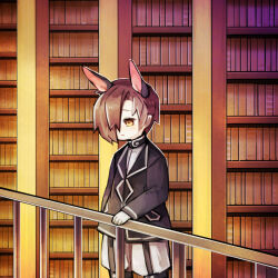 Rule 34 | 1boy, animal ears, black jacket, bookshelf, brown hair, closed mouth, commentary request, dog ears, garter straps, hair over one eye, hand on railing, harvest fes, jacket, librarian (project moon), library of ruina, long sleeves, male focus, project moon, shirt, short hair, shorts, solo, white shirt, white shorts, yellow eyes