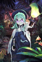 Rule 34 | 1girl, :d, aye-aye, bayashiko, blue sweater, book, commentary request, finger to mouth, fingernails, forest, glasses, green hair, highres, holding, holding book, index finger raised, jacket, jacket on shoulders, long hair, long sleeves, looking at viewer, nail polish, nature, open mouth, original, parted lips, pitcher plant, plant, purple-tinted eyewear, purple glasses, red nails, shushing, sloth (animal), smile, standing, sweater, tinted eyewear, tree