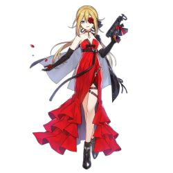 Rule 34 | 1girl, ankle boots, black footwear, black gloves, blonde hair, blue eyes, boots, bow, breasts, choker, cleavage, dress, elbow gloves, eyepatch, flower eyepatch, full body, girls&#039; frontline, gloves, gun, hair between eyes, jacket, jacket on shoulders, long hair, looking at viewer, low ponytail, official alternate costume, official art, petals, red dress, rose petals, sa (h28085), skorpion (crimson starlet) (girls&#039; frontline), skorpion (girls&#039; frontline), small breasts, smile, solo, strapless, strapless dress, submachine gun, thigh strap, transparent background, trigger discipline, weapon