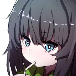 Rule 34 | 1girl, absurdres, bad id, bad twitter id, bendy straw, black hair, blue eyes, blush, closed mouth, commentary request, copyright request, drinking, drinking straw, hair between eyes, highres, long hair, looking at viewer, portrait, protected link, simple background, solo, wada kazu, white background