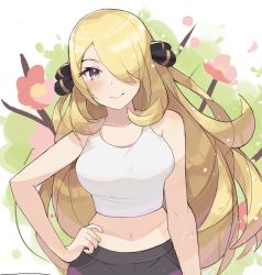 Rule 34 | 1girl, bare arms, bare shoulders, black pants, blonde hair, breasts, closed mouth, commentary, creatures (company), cynthia (pokemon), english commentary, game freak, grey eyes, hair ornament, hair over one eye, hand on own hip, highres, long hair, looking at viewer, medium breasts, midriff, navel, nintendo, pants, pokemon, pokemon dppt, smile, solo, spyg, tank top, upper body, very long hair