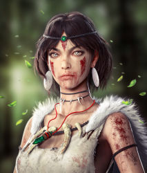 Rule 34 | 1girl, 3d, blood, blood on face, falling leaves, jewelry, leaf, mononoke hime, necklace, qq1216241707, realistic, san (mononoke hime), self-upload, solo, tagme, tooth necklace