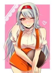 Rule 34 | 10s, 1girl, ;), alternate costume, anna miller, bad id, bad pixiv id, blouse, breasts, brown eyes, hairband, heart, highres, kantai collection, large breasts, long hair, one eye closed, shirt, shisei (kyuushoku banchou), short sleeves, shoukaku (kancolle), silver hair, skirt, smile, solo, tray, waitress, wide hips