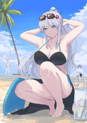 Rule 34 | 1boy, 2girls, absurdres, armpits, arms behind head, arms up, artoria pendragon (fate), artoria pendragon (swimsuit archer) (fate), artoria pendragon (swimsuit archer) (first ascension) (fate), beach, blonde hair, blue eyes, braid, breasts, cleavage, collarbone, eyewear on head, fate/grand order, fate (series), hair ornament, highres, huge breasts, large breasts, long hair, morgan le fay (fate), multiple girls, natu zame, oberon (fate), palm tree, ponytail, silver hair, sky, squatting, sunglasses, swimsuit, tree