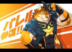 Rule 34 | 1boy, animal ears, arashi takemoto, bara, barrel (live a hero), beige fur, black bodysuit, black border, bodysuit, border, brown fur, covered abs, covered navel, dog boy, dog ears, dog tail, fingerless gloves, furry, furry male, gloves, hand on own hip, hat, highres, large pectorals, letterboxed, live a hero, looking at viewer, male focus, muscular, orange fur, pectorals, police, police hat, police uniform, short hair, skin tight, smile, solo, tail, uniform, upper body, yellow eyes