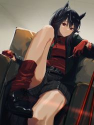 Rule 34 | 1girl, animal ears, arknights, belt, black belt, black footwear, black hair, black jacket, black shorts, cigarette, closed mouth, collared shirt, commentary request, couch, gloves, green necktie, highres, holding, holding cigarette, jacket, long hair, looking at viewer, loose socks, nakatsuka123, necktie, open clothes, open jacket, red eyes, red gloves, red shirt, red socks, shirt, shoes, shorts, sitting, socks, solo, striped clothes, striped shorts, texas (arknights), texas (willpower) (arknights), vertical-striped clothes, vertical-striped shorts, wolf ears