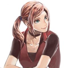 Rule 34 | 1girl, ankomochi, breasts, brown hair, claire redfield, commentary request, green eyes, medium hair, ponytail, resident evil, resident evil - code: veronica, resident evil 2, smile, solo