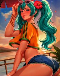 Rule 34 | 1girl, ass, beach, bracelet, brazil, brazilian miku, breasts, collar, earrings, excited, female focus, flower, glasses, hatsune miku, hot, jewelry, legs, solo, tagme, water