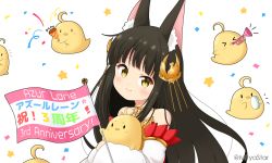 Rule 34 | 1girl, ^^^, animal, animal ear fluff, animal ears, anniversary, azur lane, bird, black hair, blush, brown eyes, chick, closed mouth, commentary request, confetti, copyright name, detached sleeves, dress, flag, fox ears, hair ornament, highres, holding, holding flag, instrument, long hair, long sleeves, manjuu (azur lane), mitya, music, nagato (azur lane), party popper, playing instrument, red dress, simple background, sleeves past wrists, smile, solo, star (symbol), starry background, strapless, strapless dress, streamers, tambourine, trumpet, twitter username, very long hair, white background, white sleeves, wide sleeves, yellow eyes