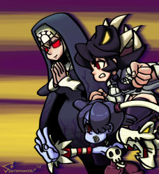 Rule 34 | 3girls, alex ahad (style), artist name, black hair, blonde hair, blue hair, blue skin, breasts, clenched hand, clenched teeth, colored skin, detached sleeves, double (skullgirls), female focus, fighting stance, filia (skullgirls), futakuchi-onna, glowing, glowing eyes, habit, hair over one eye, hands together, large hands, leviathan (skullgirls), long hair, miniskirt, multiple girls, necktie, nun, ponytail, prehensile hair, red eyes, samson (skullgirls), school uniform, simple background, skirt, skull, skullgirls, southpawper, squigly (skullgirls), stitched mouth, stitches, striped, teeth, thighhighs, wide hips, yellow eyes, zombie
