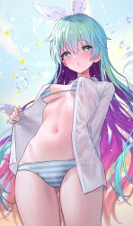 Rule 34 | 1girl, bikini, blue eyes, blue hair, blurry, breasts, bubble, collared shirt, colored inner hair, commission, cowboy shot, depth of field, fymrie, gluteal fold, gradient hair, hair ribbon, highres, long hair, looking at viewer, medium breasts, multicolored hair, navel, no pants, open clothes, open mouth, open shirt, original, purple hair, ribbon, see-through, shirt, solo, standing, star-shaped pupils, star (symbol), stomach, string bikini, striped bikini, striped clothes, swimsuit, symbol-shaped pupils, thighs, two-tone hair, very long hair, wet, wet clothes, wet shirt, white shirt