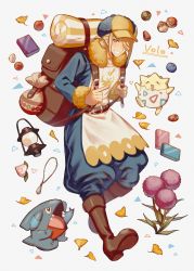 Rule 34 | 1boy, absurdres, apron, backpack, bag, belt, berry (pokemon), boots, brown bag, brown belt, brown footwear, character name, creatures (company), game freak, gen 2 pokemon, gen 4 pokemon, gible, grey eyes, grin, hair over one eye, hat, highres, holding strap, lantern, looking at viewer, male focus, nekohai darake, nintendo, overalls, pokemon, pokemon (creature), pokemon legends: arceus, pouch, smile, togepi, volo (pokemon), white apron, white background, yellow headwear