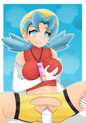 Rule 34 | 1boy, 1girl, absurdres, bare shoulders, blue background, blue eyes, blue hair, colored skin, creatures (company), depthsofmind, drooling, game freak, grabbing, grabbing another&#039;s breast, hetero, highres, jacket, kris (pokemon), midriff, navel, nintendo, no panties, parted lips, penis, pokemon, pokemon gsc, pussy, red shirt, reverse cowgirl position, sex, sex from behind, shirt, shorts, solo focus, straddling, teeth, thigh grab, thighs, torn clothes, torn shorts, twintails, uncensored, unworn jacket, vaginal, veins, veiny penis, wavy mouth, white jacket, white skin, yellow headwear, yellow shorts