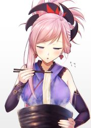 Rule 34 | 1girl, blowing, blue eyes, blush, bowl, breasts, chopsticks, detached sleeves, fal (fal-se-0), fate/grand order, fate (series), food, hair ornament, half-closed eyes, japanese clothes, large breasts, long hair, miyamoto musashi (fate), miyamoto musashi (first ascension) (fate), noodles, pink hair, ponytail, ramen, solo