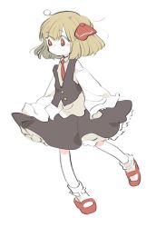 Rule 34 | 1girl, ahoge, ankle socks, arms at sides, black skirt, black vest, blonde hair, bob cut, bobby socks, bright pupils, closed mouth, expressionless, eyes visible through hair, frills, from side, full body, hair between eyes, hair ribbon, jpeg artifacts, leg up, long sleeves, looking away, looking to the side, mary janes, medium skirt, necktie, no nose, ocha (kinnkonnsousai), petticoat, pleated skirt, red eyes, red footwear, red necktie, red ribbon, ribbon, rumia, shirt, shoes, short hair, simple background, skirt, skirt set, sleeves past wrists, socks, solo, standing, strap slip, swept bangs, tareme, touhou, vest, white background, white shirt, white socks, wide sleeves, wing collar, yellow pupils
